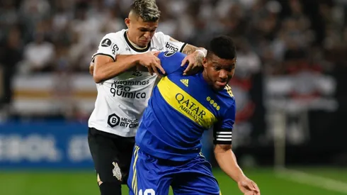 Adson of Corinthians competes for the ball with Frank Fabra of Boca Juniors