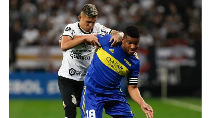 Adson of Corinthians competes for the ball with Frank Fabra of Boca Juniors