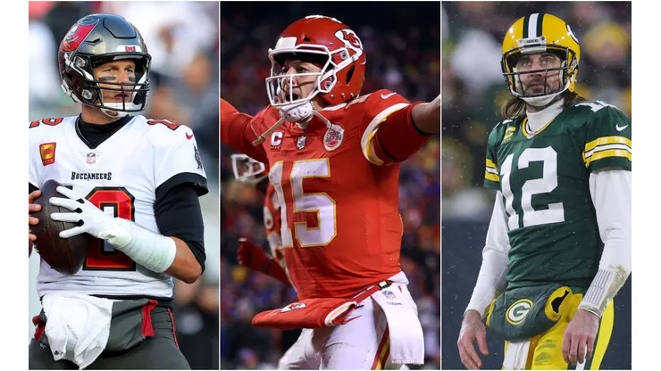 Tom Brady of Tampa Bay Buccaneers, Patrick Mahomes of Kansas City Chiefs and Aaron Rodgers of the Green Bay Packers