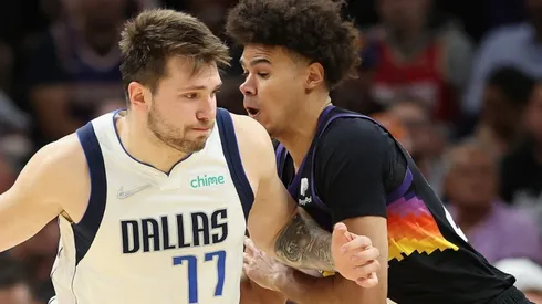 Luka Doncic of the Dallas Mavericks against Cameron Johnson of the Phoenix Suns