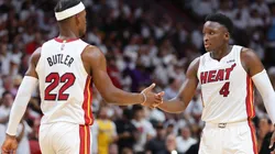 Jimmy Butler (left) and Victor Oladipo of the Heat.