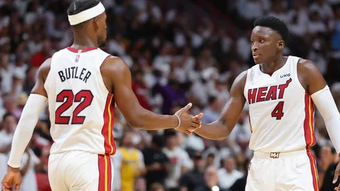 Jimmy Butler (left) and Victor Oladipo of the Heat.