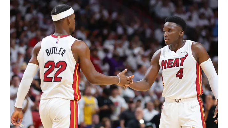 Jimmy Butler (left) and Victor Oladipo of the Heat.