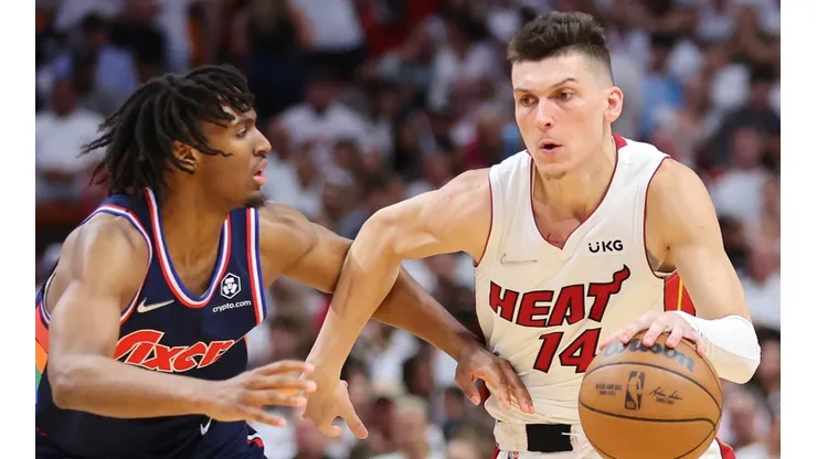 Tyler Herro of the Miami Heat against Tyrese Maxey of the Philadelphia 76ers