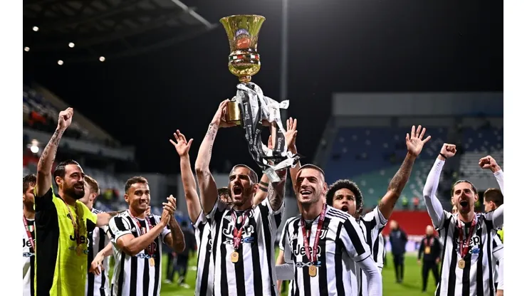 Juventus FC celebrates with the 2020-2021 Coppa Italia trophy