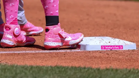 Pink shoes and socks during a MLB game