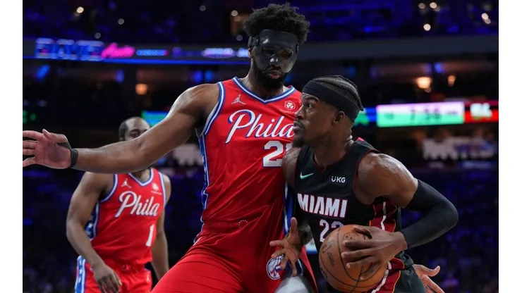 Jimmy Butler of the Miami Heat and Joel Embiid of the Philadelphia 76ers