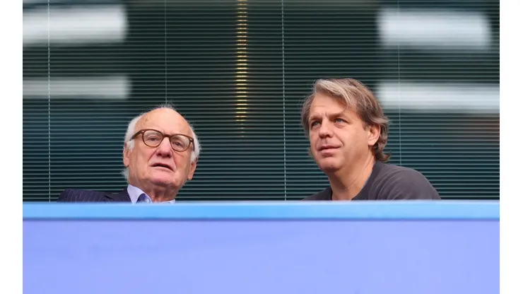 Todd Boehly (right), prospective buyer of Chelsea FC speaks to Bruce Buck, Chairperson of Chelsea