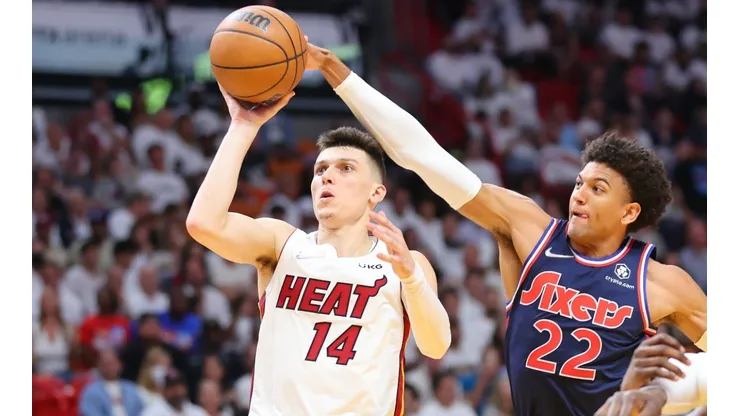 Tyler Herro of Miami Heat and Matisse Thybulle of the Philadelphia 76ers