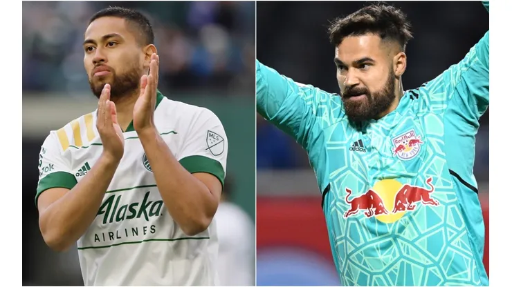 Bill Tuiloma of the Portland Timbers and Carlos Miguel Coronel of the New York Red Bulls