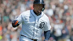 Miguel Cabrera of the Detroit Tigers pumps his fist after hitting his 3,000th hit.