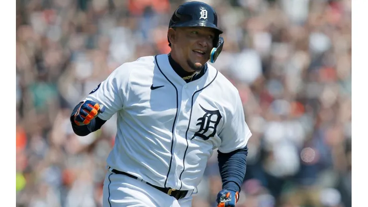 Miguel Cabrera of the Detroit Tigers pumps his fist after hitting his 3,000th hit.
