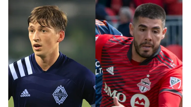 Ryan Gauld of the Vancouver Whitecaps and Alejandro Pozuelo of Toronto FC