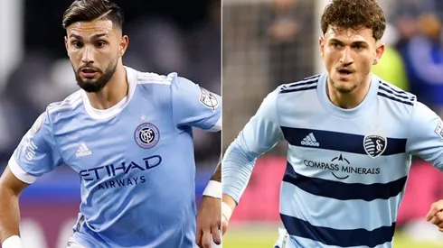 Valentín Castellanos of New York City FC and Marinos Tzionis of Sporting Kansas City