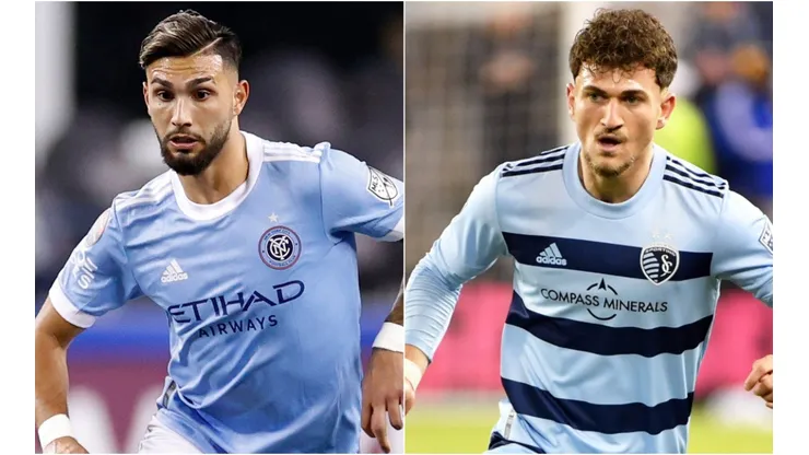 Valentín Castellanos of New York City FC and Marinos Tzionis of Sporting Kansas City