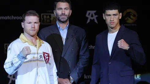 Canelo Alvarez and Dmitry Bivol in their last promotional press conference