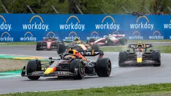 Max Verstappen and Sergio Perez of Red Bull