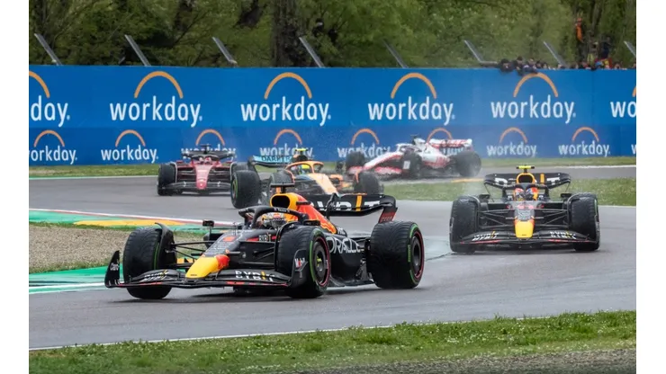 Max Verstappen and Sergio Perez of Red Bull