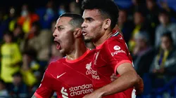 Luis Diaz of Liverpool FC celebrates a goal with Thiago