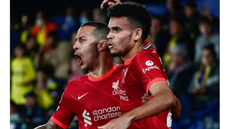 Luis Diaz of Liverpool FC celebrates a goal with Thiago