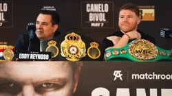 Canelo and Eddy Reynoso during a promotional press conference