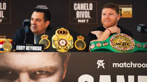 Canelo and Eddy Reynoso during a promotional press conference