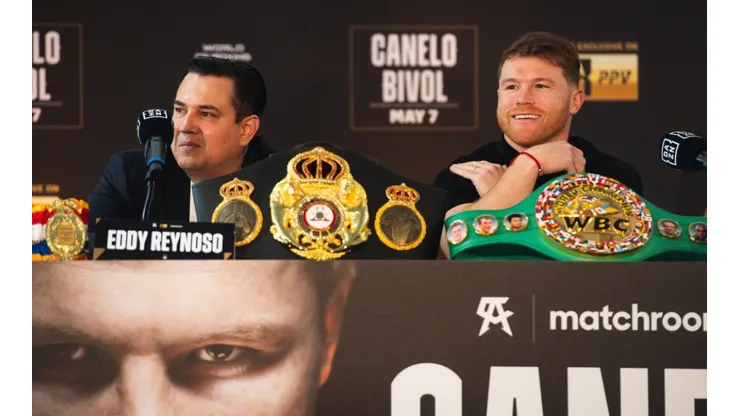 Canelo and Eddy Reynoso during a promotional press conference