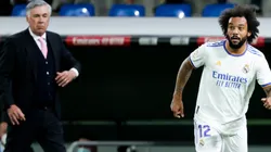 Coach Carlo Ancelotti and Marcelo of Real Madrid during a La Liga Match