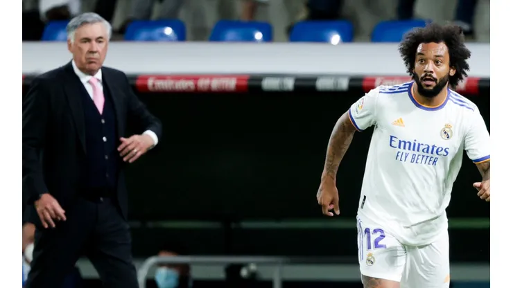 Coach Carlo Ancelotti and Marcelo of Real Madrid during a La Liga Match