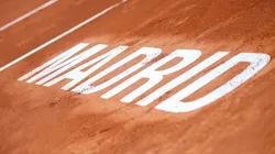 View of Madrid logo on clay of the central court of La Caja Magica