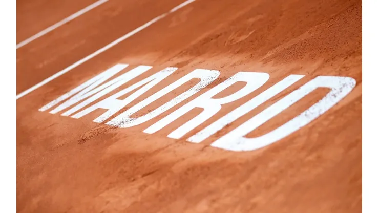 View of Madrid logo on clay of the central court of La Caja Magica