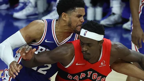 Tobias Harris of Philadelphia 76ers and Pascal Siakam of Toronto Raptors