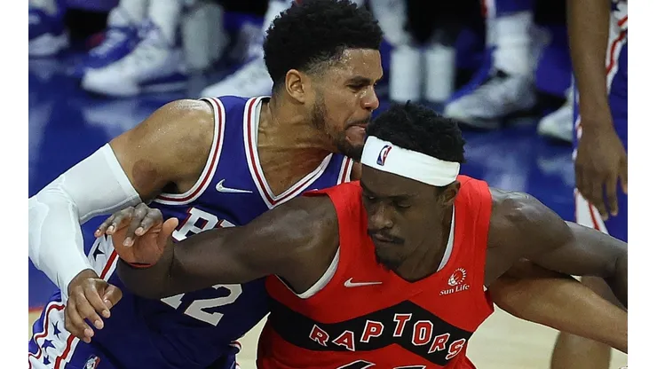 Tobias Harris of Philadelphia 76ers and Pascal Siakam of Toronto Raptors