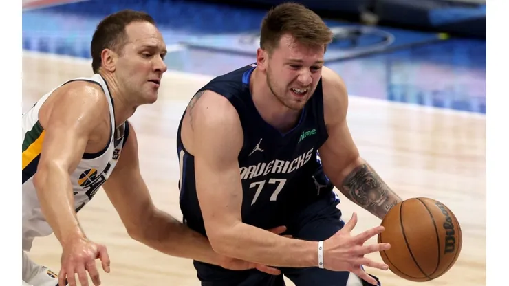 Luka Doncic of the Dallas Mavericks and Bojan Bogdanovic of the Utah Jazz
