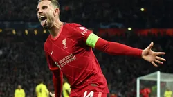 Liverpool captain Jordan Herdenson celebrates as his cross is deflected by Pervis Estupiñan into Villarreal's net.