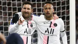 Lionel Messi, Neymar Jr of PSG celebrate a goal during the Ligue 1
