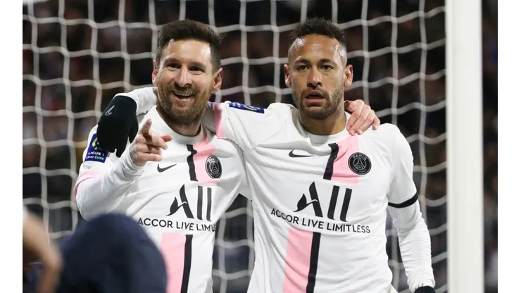 Lionel Messi, Neymar Jr of PSG celebrate a goal during the Ligue 1