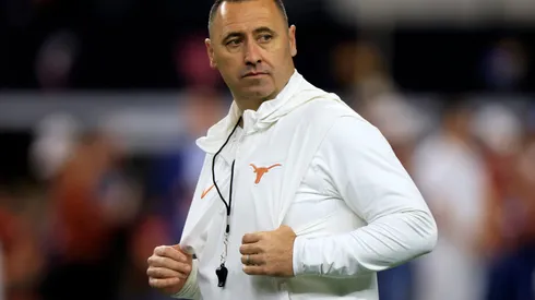 Head coach Steve Sarkisian of the Texas Longhorns looks on before taking on the Oklahoma State Cowboys in the Big 12 Championship at AT&T Stadium on December 2, 2023 in Arlington, Texas.