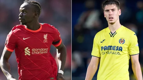 Sadio Mane of Liverpool and Juan Marcos Foyth of Villarreal CF