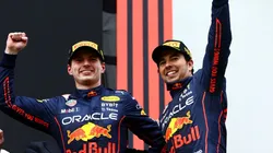 Max Verstappen and Sergio Perez of Red Bull Racing