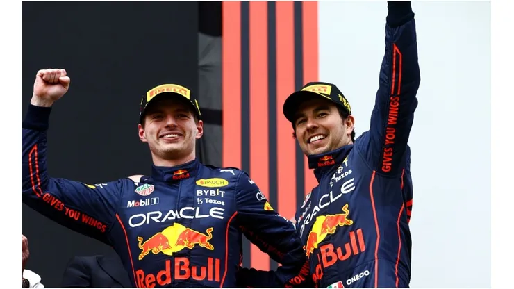 Max Verstappen and Sergio Perez of Red Bull Racing