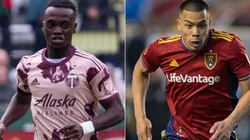 Santiago Moreno of the Portland Timbers and Bobby Wood of the Real Salt Lake