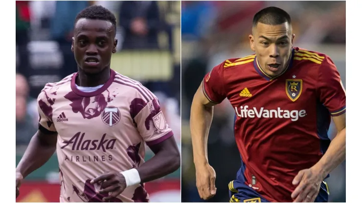 Santiago Moreno of the Portland Timbers and Bobby Wood of the Real Salt Lake
