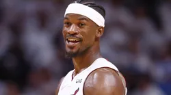 Jimmy Butler of the Miami Heat reacts against the Atlanta Hawks during the second half in Game Two of the Eastern Conference First Round