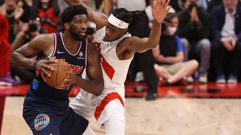 Toronto Raptors forward Precious Achiuwa defends Philadelphia 76ers center Joel Embiid