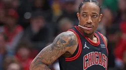 DeMar DeRozan #11 of the Chicago Bulls waits for the start of play after a time out against the Boston Celtics