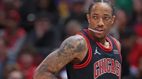 DeMar DeRozan #11 of the Chicago Bulls waits for the start of play after a time out against the Boston Celtics