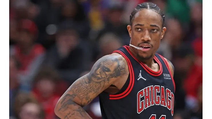 DeMar DeRozan #11 of the Chicago Bulls waits for the start of play after a time out against the Boston Celtics