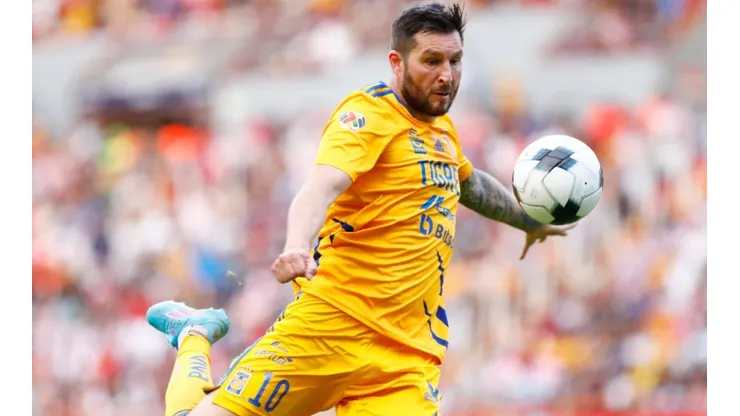 Andre-Pierre Gignac of Tigres UANL prepares a shot during the 15th round match between Necaxa and Tigres UANL