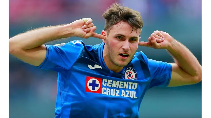 Santiago Gimenez of Cruz Azul celebrates after scoring his team's first goal during a Liga MX match